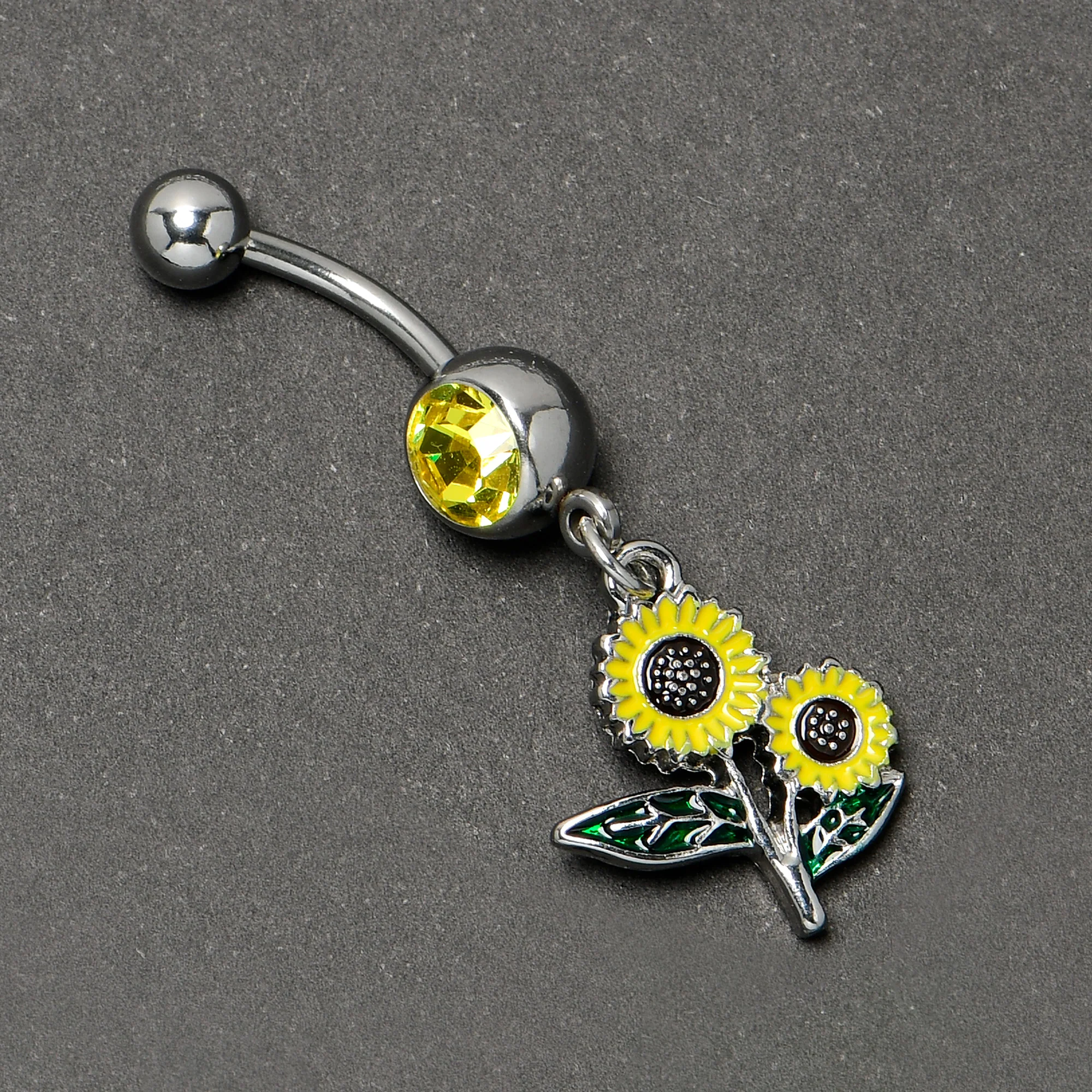 Yellow Gem Cheery Inlay Sunflowers Dangle Belly Ring - Image 4
