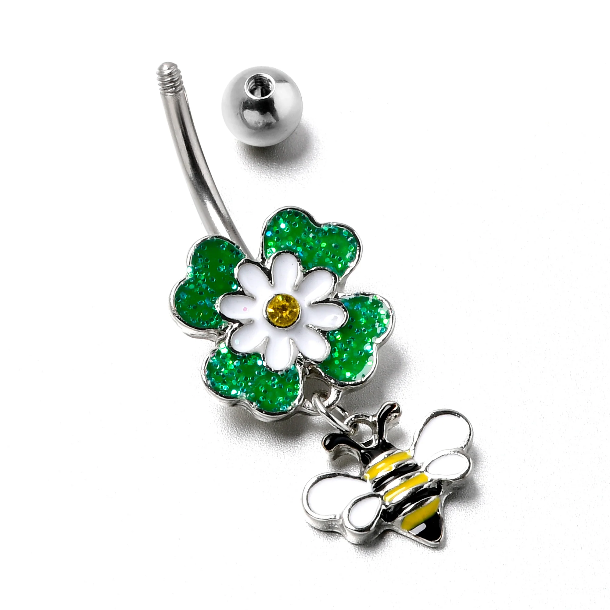 Yellow Gem Daisy Bee Glittery Dangle Belly Ring - Image 6